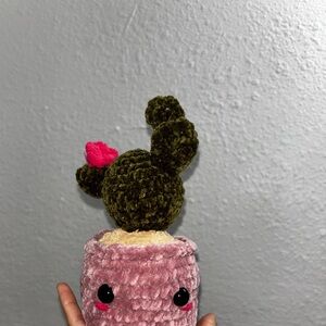 Crocheted Cactus Plush with Pink Flower